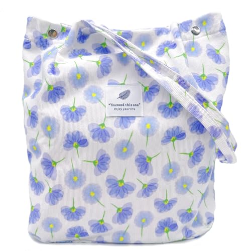 Aphoraeny Corduroy Tote Bag for Women Cute Totes Shoulder Bag with Inner Pocket for Work Beach Shopping Travel Grocery - color: Purple Flowers