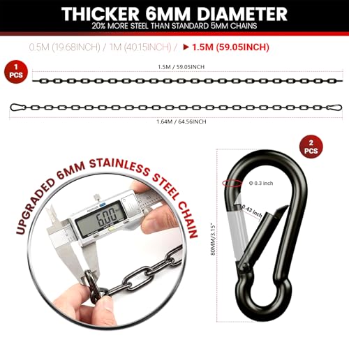 sprookber 67" Hanging Swing Chain,1000 lb Capacity,6 mm 304 Stainless Steel | Hardware Kit with 2 Carabiner for Hammock Chair, Porch Swing, Punching Bag, Aerial Yoga, Tire Swing, Gym, Tree,Indoor,Outdoor - color: Black, size: 1 PACK 67inch