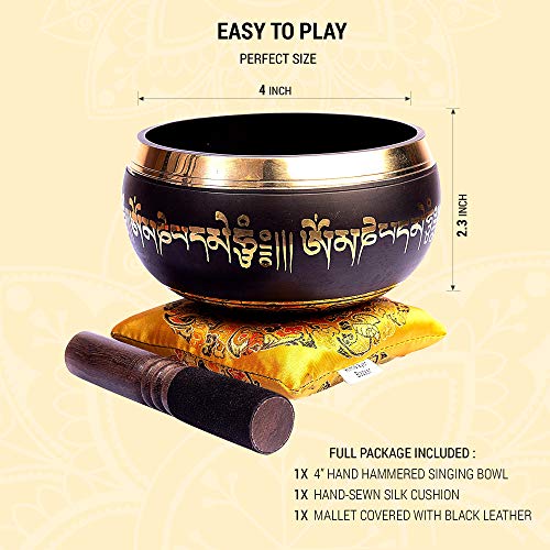 Tibetan Singing Bowl Set Bronze - Master Healing Grade - With Tibetan Thangka Art - Pure Tone By HIMALAYAN BAZAAR (Black & Yellow) - color: Black - Yellow