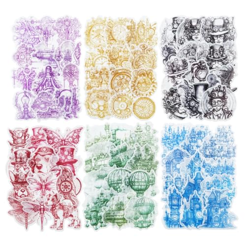 180 Pcs Steampunk Washi Stickers for Scrapbooking and Journaling | Retro mechanical designs with gears, clocks, top hats and airships for junk journals, collage, planners and card making - color: Industrial Punk