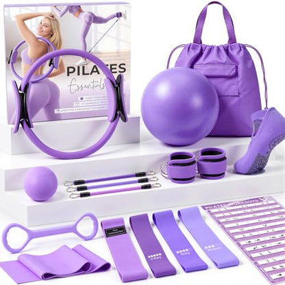 Pilates Kit, Pilates Equipment for Home Workouts, Home Pilates Essentials Kit for Women with Pilates Ring and Ball Set, Socks, Ankle Resistance Bands with Cuffs, Resistance Band and Massage Ball - color: Purple
