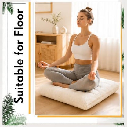 Jerify 2 Pcs 22 x 22 x 3.5 Inch Cream Boucle Floor Pillow Cushions for Adults, Large Square Floor Pillow for Meditation, Plush Tufted Seating Pad for Living Room Balcony Tatami