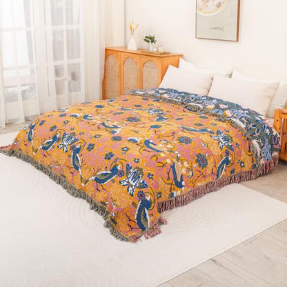 Boho Cotton Muslin Twin Size Bed Throws Blue&Yellow 60"×80" - color: Bird&florals, size: 60''x80''