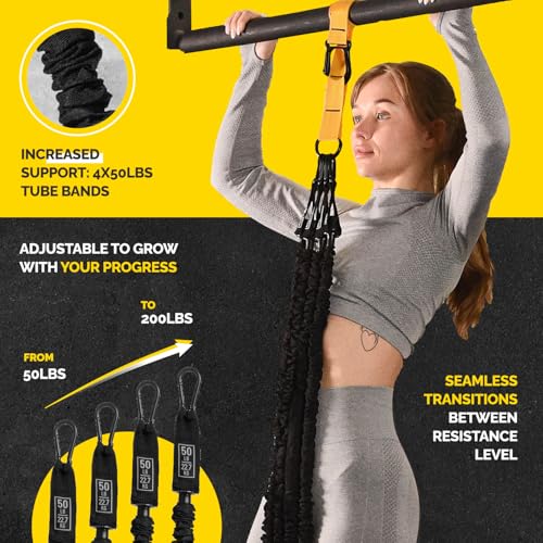 Pull Up Assistance Bands Set with 4 Levels, Adjustable Strap and Foot Rest | 50–200 lb stackable pull-up assistance, nylon-sleeved bands, adjustable support, reduced snap-back risk - color: Yellow