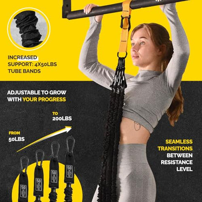 Pull Up Assistance Bands Set with 4 Levels, Adjustable Strap and Foot Rest | 50–200 lb stackable pull-up assistance, nylon-sleeved bands, adjustable support, reduced snap-back risk - color: Yellow