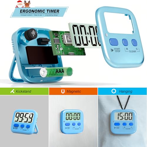 Antonki 2 Pack Digital Timer for Kids Classroom Kitchen Timers for Cooking | w/ Battery, Easy to View, Alarm, Mute Mode, Count Down/Up, Magnetic, Kickstand, Hanging, Classroom Timer for Teacher Supplies - color: Clear Blue