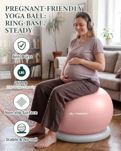 Trideer Yoga Ball Chair with Base for Office Desk, Exercise & Stability Ball Seat, Pilates Ball for Core Training, Pregnancy Ball, Back Pain Relief & Active Sitting - color: Pink, size: L(23-26inches/58-65cm)