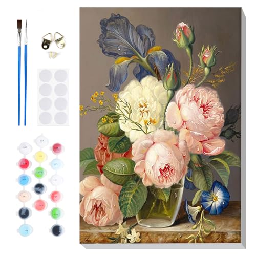 Bowetile Framed Paint by Numbers Kit for Adults Beginner, Flowers Adults' Paint-by-Number Kits on Canvas, Easy Acrylic Number Painting Kits for Home Wall Decor Gifts, 8x12in - color: Flowers