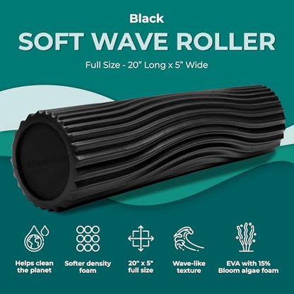Oceanfoam Soft Tidal Roller (Black) - Low Density Foam Roller for Physical Therapy, Back Pain, Excercise & Stretching - Wave Textured - Yoga, Athletics, & Wellness - Full Size, 20" x 5" - color: Black