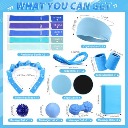 Halloscume 24 Pcs Pilates Kit, Home Pilate Equipment for Women, Pilates Ring and Ball Set with Stretching Strap, Water Bottle, Magic Circle, Yoga Ring, Gym Bag, Resistance Band, Anti Slip Sock - color: Blue