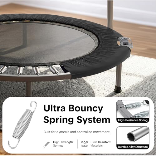 SereneLife 40" Foldable Mini Trampoline for Adults - Compact Fitness Rebounder with Adjustable Foam Handle, Exercise Trampoline with Max Load 330lbs, Indoor/Garden Whole-Body Workout - color: Deep Black