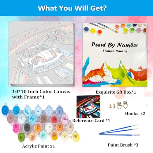 Artunion Framed Paint by Numbers Kit for Adults Beginners & Kids Ages 8-12,Racing Car Paint by Number with Frame,Car Lovers Paint by Numbers Kit on Canvas 10 * 10 Inch Without Easel - color: ZXT-341-F