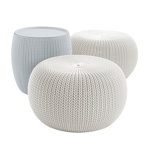 Keter Urban Knit Pouf Ottoman Set of 2 with Storage Table for Patio and Room Décor - Perfect for Balcony, Deck, and Outdoor Seating, Grey & White - color: Grey & White