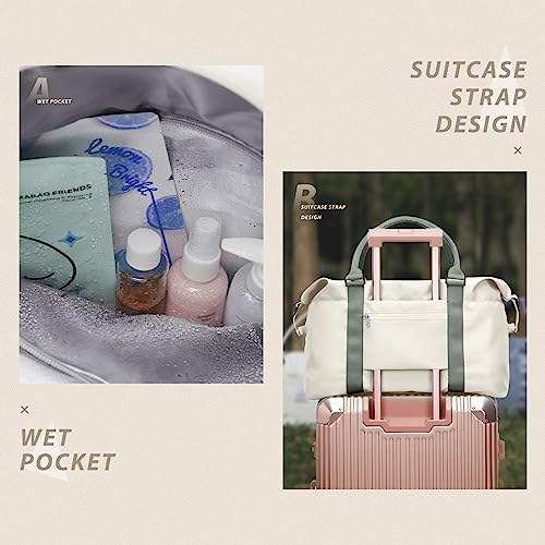 Travel Duffel Bags for Women Mens Waterproof Weekender Carry on Bag Sports Gym Bag Travel Tote Bags with Wet Pocket Overnight Bag Workout Duffel Bags with Trolley Sleeve Beige with Green - color: F9-Beige Green