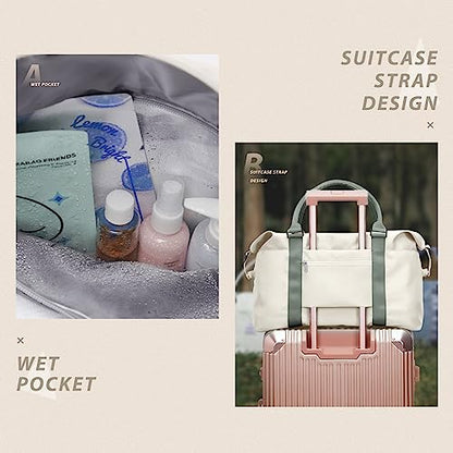 Travel Duffel Bags for Women Mens Waterproof Weekender Carry on Bag Sports Gym Bag Travel Tote Bags with Wet Pocket Overnight Bag Workout Duffel Bags with Trolley Sleeve Beige with Green - color: F9-Beige Green