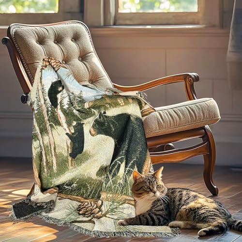 Log Cabin Bear Family Woven Tapestry Throw Blanket 50"x60" | Rustic throw wall hanging art, jacquard woven, soft travel mat, fringe tassels, multipurpose indoor outdoor use - color: Bear Family
