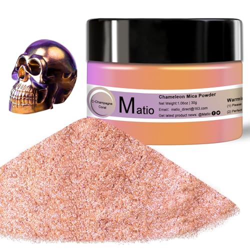 Matio Chameleon Mica Powder 1.06oz/30g Champagne Coral Chrome Powder | Pearlescent Effect Color Shift Pigment for Resin Craft, Soap Candle Dye, Nail Art,Bath Bomb,Paint,Slime Pigment - color: C-Champagne Coral