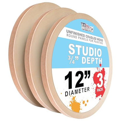 U.S. Art Supply 12" Unfinished Round Birch Wood Panels for Painting | Studio 3/4" Deep, 3 Pack, Artist Depth Wooden Wall Canvases - Mixed-Media Craft, Acrylic, Oil, Encaustic, Paint Pouring - size: 12", style: Round Studio Depth