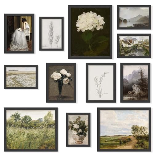 97 Decor Moody Vintage Wall Art, 12 Pcs French Country Prints | Dark botanical and portrait art, cozy cottage gallery wall, bedroom and living room, 8x10, 5x7 and 4x6, unframed - color: Vintage
