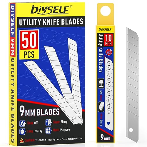 DIYSELF 50Pcs 9mm Utility Knife Replacement Blades, Snap Off Blades for 9MM Universal Box Cutters (60°) | Snap Off Replacement Blades for Universal Box Cutters Utility Knives, High Carbon Steel Blades for Cardboard, Foam Board - size: 50-Pack(60°)
