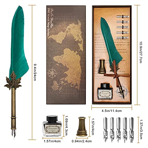 AHIER Quill Pen and Ink Set, Feather Pen Quill Pen Set Includes 5 Steel Replacement Nibs,Pen Nib Base and Dip Ink Bottle for Antique Calligraphy - color: Green