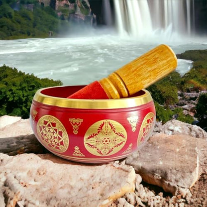 Nature's Own Tibetan Singing Bowl Set- Easy to Play- Meditation Sound Bowl Handcrafted in Nepal for Yoga, Mindfulness, Chakra Healing, Stress Relief- Spiritual Gifts for Women and Men (3.5 Inch, Red) - color: Red