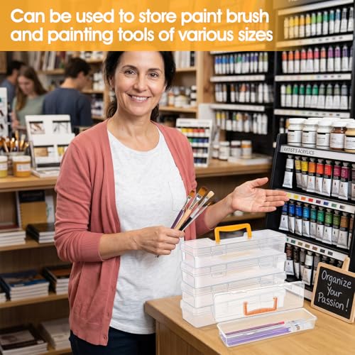 5 Pack Paint Brush Storage Box Portable 13 Inch Long Art Supply Case with Handle Clear Plastic Organizer for Drawing Tools Pencils and Craft Supplies
