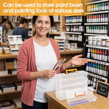 5 Pack Paint Brush Storage Box Portable 13 Inch Long Art Supply Case with Handle Clear Plastic Organizer for Drawing Tools Pencils and Craft Supplies