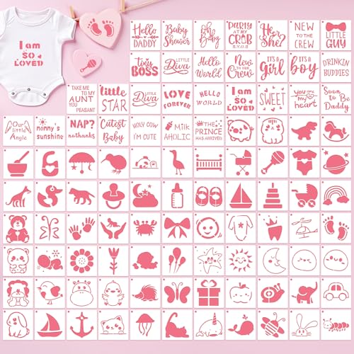 100 Pcs Small Stencils for Crafts, 2 Inch Reusable Cute Stencils for Painting on Wood DIY Craft for Drawing Templates Wall Home Decor Canvas Fabric (Baby Shower) - style: Baby Shower