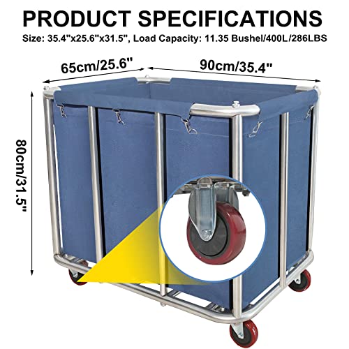 Laundry Cart Commercial,11.35 Bushel (400L) Large Industrial Rolling Laundry Hamper with 4 Inch Wheels,Home Heavy Duty Laundry Baskets with Stainless Steel Frame, 286 LBS Load，10 Support Tubes - color: Blue - 11.35 Bushels - 10 Tubes