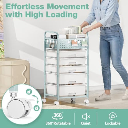 SYKIARIOL Drawer Rolling Storage Cart with Pegboard Top and Hooks, Green, 4-Drawers - color: Green, size: 4-Drawers