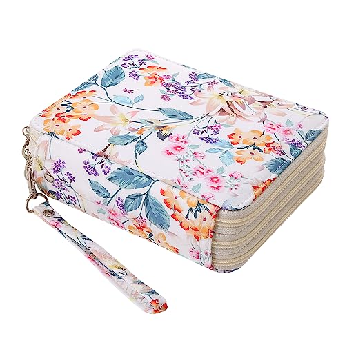 72 Slots Pencil Case Organizer w/Removal Handle Strap | 3-Layer Zipped Pencils Box Large for Colored Pencils Watercolor Pencils for Office and Travel for Artist - color: White + Flower