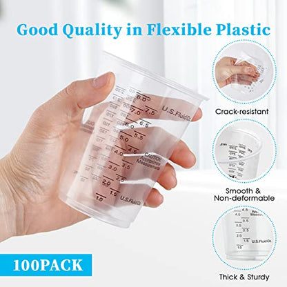 100 PACK 10 oz Plastic Measuring Cups, with 100 Wooden Mixing Sticks | disposable mixing cups versatile for epoxy resin, liquid measuring, DIY crafts, paint, experiment, cooking & baking