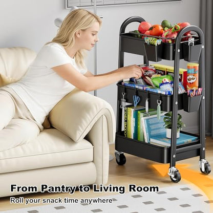 3 Tier Black Rolling Cart with Wheels, Metal Three Tiered Utility Roller Shelf on Wheels, Storage Carts Organizer for Craft, Art Supply, Snack, Laundry, Bathroom, Baby Essentials, Diaper Caddy,Nursery - color: Black