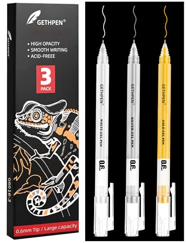 GETHPEN 3 Colors Gel Pen Set, 0.6mm Fine Gold Silver White Gel Ink Pens | Opaque Gel Ink Pens for Black Paper, Art Coloring Drawing, Sketching, Bullet Journaling, Holiday Crafts - size: 0.6 mm, style: 3 Pack White, Gold and Silver
