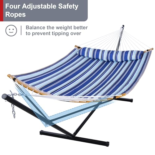 Patio Hammock with 12FT Stand, Heavy Duty Hammock Blue Stripes | Freestanding Hammock with Curved Spreader Bars, Pillow, Safety Ropes and Portable Carring Bag, Outdoor Hammock, Max 450 Lbs - color: A-blue Stripes