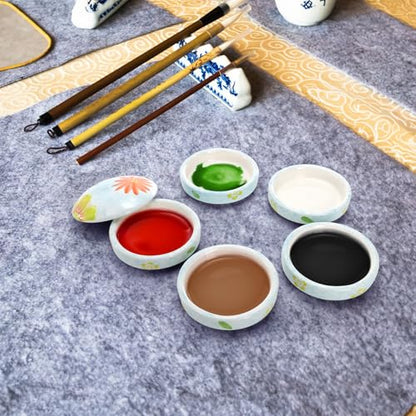 Yesland Ceramic Paint Palette, 5 Layers Stackable Mixing Trays Set, Round Porcelain Watercolor Palettes Sauce Dishes with Lid for Artist Gouache Pigment Chinese Watercolor Ink Mixing, Flower Pattern