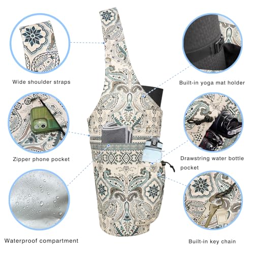 Yoga Mat Bag - Large Opening Long Tote Yoga Mat Carrier Holder Bag with Waterproof Wet Zipper Pocket and Drawstring Water Bottle Pocket - Yoga Bag Fit Most Size Mats - color: Indian Floral