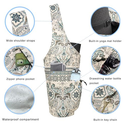 Yoga Mat Bag - Large Opening Long Tote Yoga Mat Carrier Holder Bag with Waterproof Wet Zipper Pocket and Drawstring Water Bottle Pocket - Yoga Bag Fit Most Size Mats - color: Indian Floral