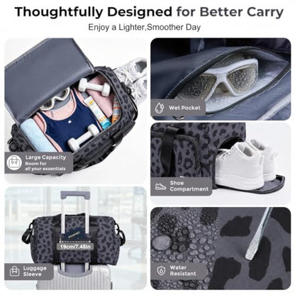 FIORETTO Women's Gym Duffle Bag with Shoes Compartment, 30L Capacity, Ideal for Travel, Gym, Sports, Duffel, Weekender - color: Leopard Grey, style: Gym Bag