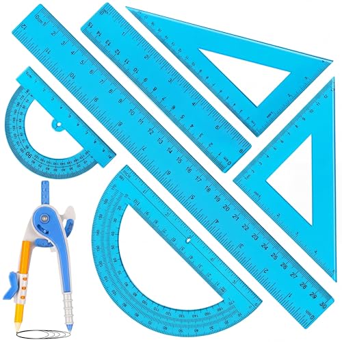Zonon 1 Set Plastic Geometry Math Set 7 Pcs Includes 6'' / 4 '' Protractor, Drawing Compass, 45/60 Degree Triangle Rulers, 12'' / 6'' Math Ruler Transparent for Office Supplies(Blue) - color: Blue