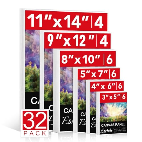 ESRICH Canvas Boards for Painting 32 Pack Art Supplies Paint Canvas 3x5, 4x6, 5x7, 8x10, 9x12, 11x14 Blank Large Canvases for Painting-Cotton Primed Canvas Panels for Acrylic, Oil, Gouache & Tempera. - size: 32 Packs Canvas Panel - 6 Sizes