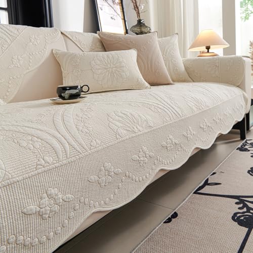 vctops Cotton Quilted Couch Cover Farmhouse Counrty Floral Embroidered Sofa Cover Non Slip Soft Scalloped Sofa Slipcover Washable Furniture Protector for Dog Pet Cat (Cream,28"x28") - color: Cream, size: 1pc/28"x28"/Square