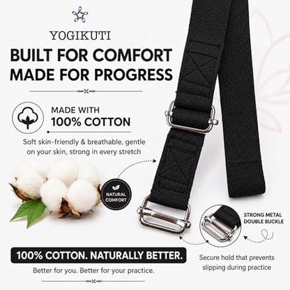 Yogikuti Double Buckle Yoga Strap - Adjustable Stretching Strap for Enhanced Flexibility in Yoga, Pilates, and Physical Therapy, Available in Various Colors and Lengths for All Fitness Levels - color: Black