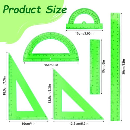 Plastic Clear Ruler Math Set - 6'' 12'' Transparent Straight Ruler, 4'' 6'' Protractor, 30/60 & 45/90 Triangle Ruler, Geometry Math Measuring Tool for School Home Office Drawing Teachers Kids Green - color: Green
