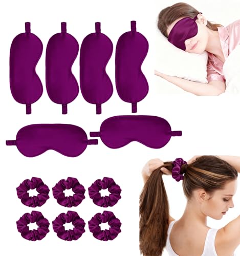 12Pcs Silk Sleep Masks Satin Eye Mask Silky Eyes Cover Blindfold Eyeshade Hair Ties Scrunchy Travel Bridesmaids Gifts - color: Plum