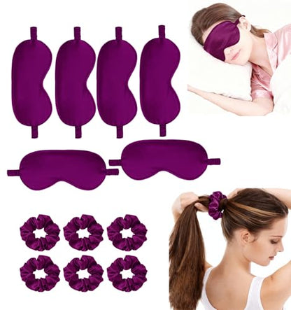 12Pcs Silk Sleep Masks Satin Eye Mask Silky Eyes Cover Blindfold Eyeshade Hair Ties Scrunchy Travel Bridesmaids Gifts - color: Plum