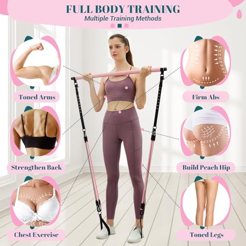 Pilates Bar Kit with Resistance Bands, Multifunctional Yoga Pilates Kit - color: Pink