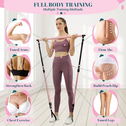 Pilates Bar Kit with Resistance Bands, Multifunctional Yoga Pilates Kit - color: Pink