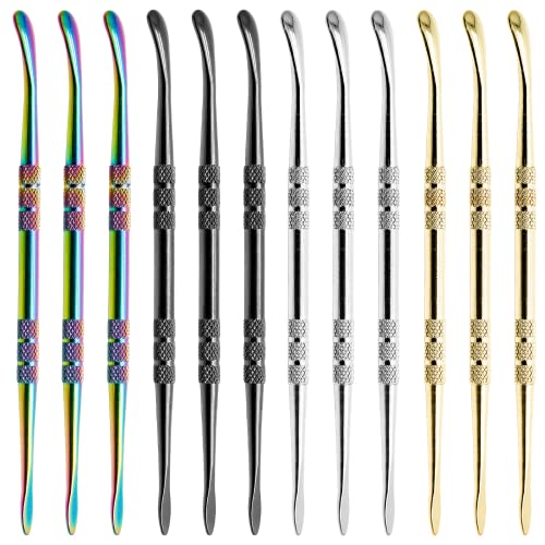 HARSKIYER 12Pcs Golden Silver Rainbow Black Steel Wax Carving Spoon Tools | Pointed Spoon-Shaped Dual Ends, Knurled Non-Slip Handle For Comfortable Grip, Rust-Proof Steel For Modeling Cutting Shaping - color: Golden & Silver & Rainbow & Black